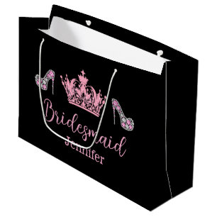 Sacola Para Presentes Grande elegante rosa estiloso script damas de honra preto