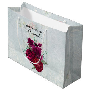 Sacola Para Presentes Grande Elegante Rosa Floral Buquê Magenta Aniversário