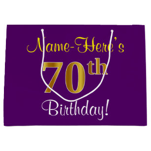 Sacola Para Presentes Grande Elegante, Roxo, 70 Faux Dourado Aniversário + Nom