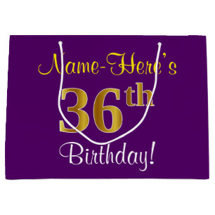 Sacola Para Presentes Grande Elegante, Roxo, Faux Dourado 36º Aniversário + N
