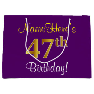 Sacola Para Presentes Grande Elegante, Roxo, Faux Dourado 47º Aniversário + N