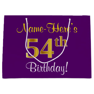 Sacola Para Presentes Grande Elegante, Roxo, Faux Dourado 54º Aniversário + N