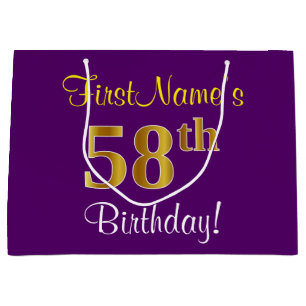 Sacola Para Presentes Grande Elegante, Roxo, Faux Dourado 58º Aniversário + N