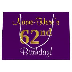 Sacola Para Presentes Grande Elegante, Roxo, Faux Dourado 62º Aniversário + N