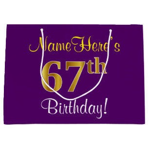 Sacola Para Presentes Grande Elegante, Roxo, Faux Dourado 67º Aniversário + N