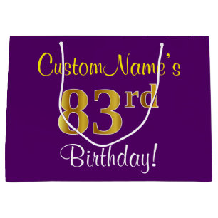 Sacola Para Presentes Grande Elegante, Roxo, Faux Dourado 83º Aniversário + Nom