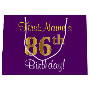 Sacola Para Presentes Grande Elegante, Roxo, Faux Dourado 86º Aniversário + N