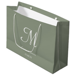 Sacola Para Presentes Grande Elegante Sage Green e White Monographic Name