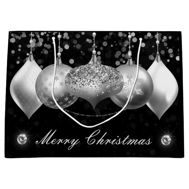 Sacola Para Presentes Grande Elegante Silver Glitter Baubles Feliz Natal (Frente)