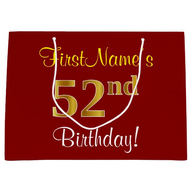 Sacola Para Presentes Grande Elegante, Vermelho, Faux Dourado 52º Aniversário;  (Frente)