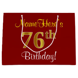 Sacola Para Presentes Grande Elegante, Vermelho, Faux Dourado 76º Aniversário; 