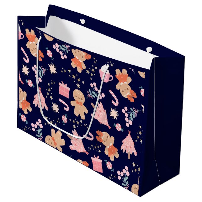 Sacola Para Presentes Grande Elementos de Natal em Azul Marinho (Frente inclinada)