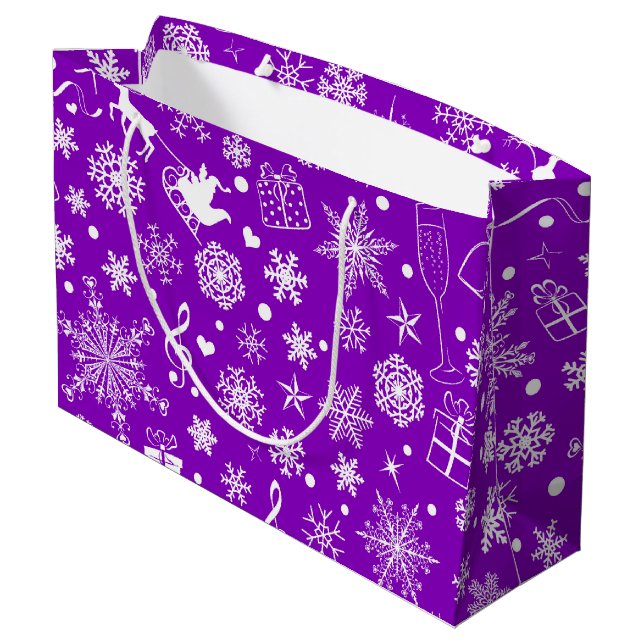 Sacola Para Presentes Grande Elementos do Tema de Natal Roxo Branco Moderno (Verso inclinado)