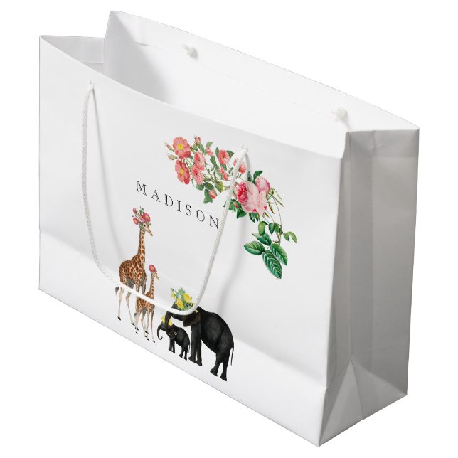 Sacola Para Presentes Grande Elephant & Giraffe Floral Nome Personalizado (Frente inclinada)