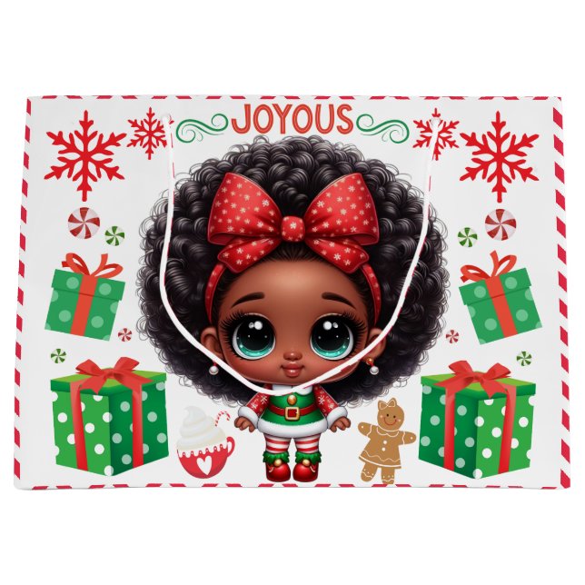 Sacola Para Presentes Grande Elf de Natal para Bebê Afro Adorável (Frente)
