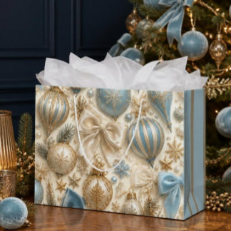 Sacola Para Presentes Grande Enfeite de Natal Luxuoso Vintage Azul Bebê e Doura
