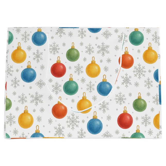 Sacola Para Presentes Grande Enfeites de natal de Aquarela e Flocos de Neve - (Frente)