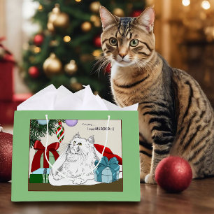 Sacola Para Presentes Grande Enfeites de natal de Gato Branco Engraçados