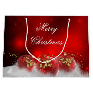 Sacola Para Presentes Grande Enfeites de Natal Vermelhos e Dourados Merry Chris