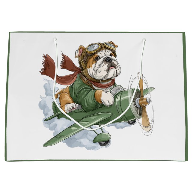 Sacola Para Presentes Grande English Bulldog Pilot Airplane (Frente)