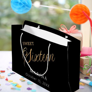 Sacola Para Presentes Grande Escrito dourado preto Sweet 16