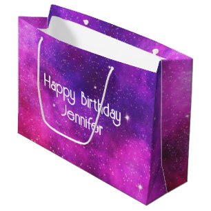 Sacola Para Presentes Grande Espaço Rosa e Roxo e Estrelas Galáxias Falsas Aniv