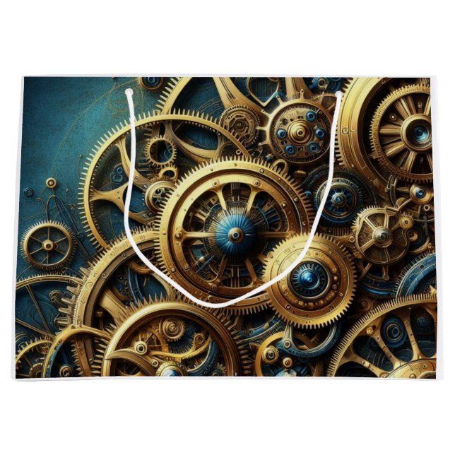 Sacola Para Presentes Grande Estampunk Clockwork Dourado e Teal (Frente)