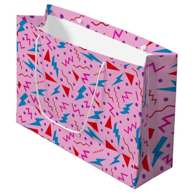 Sacola Para Presentes Grande Estilo geométrico Memphis anos 80 90 rosa  (Frente inclinada)