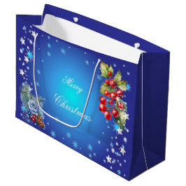 Sacola Para Presentes Grande Estrelas e Bagas Vermelhas em Azul Profundo Feliz 