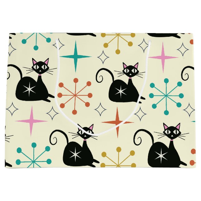 Sacola Para Presentes Grande Estrelas Explosivas de Meados do Século com Gato A (Frente)