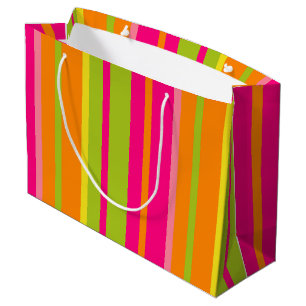 Sacola Para Presentes Grande Estrias Rosa Quente, Laranja, Verde e Amarelo Vibr