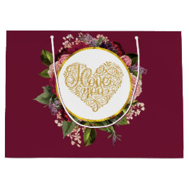 Sacola Para Presentes Grande Eu Amo Você Ouro Coração Rico com Quadro Floral