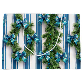 SACOLA PARA PRESENTES GRANDE EVERGREEN GARLAND BLUE HOLIDAYS BOWS & STRIPES