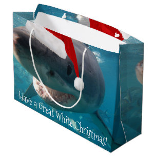 Sacola Para Presentes Grande Excelente de Feliz Tubarão Natal Branco Santa Hat