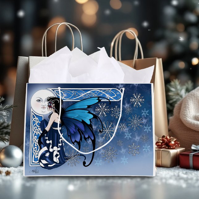 Sacola Para Presentes Grande Fada de Lua de inverno Azul (Criador carregado)