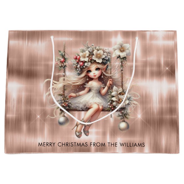 Sacola Para Presentes Grande Fada de Natal no Background Dourado do Sparkle Ros (Frente)