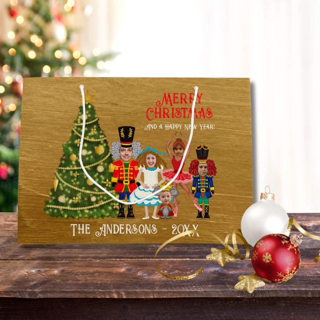 Sacola Para Presentes Grande Família Nutcracker de Cinco Felizes Felizes Natal (Criador carregado)