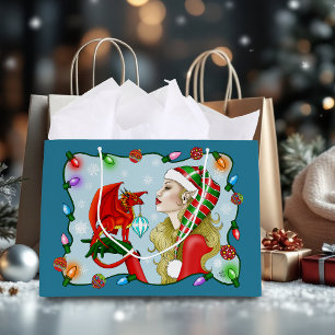 Sacola Para Presentes Grande Fantasia do Dragão Vermelho da Loira de Natal