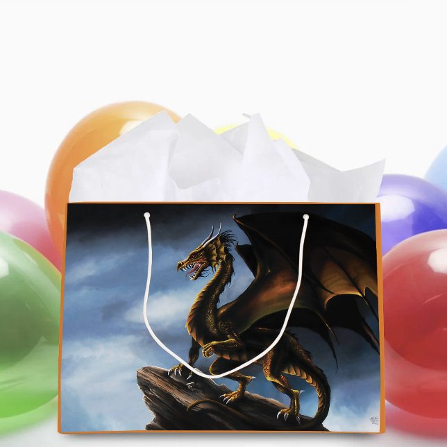 Sacola Para Presentes Grande Fantasioso Dragão Feroz de Cobre Dourado e Preto (Criador carregado)