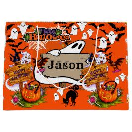 Sacola Para Presentes Grande Fantasmas Amigáveis do Halloween Nome Personalizad