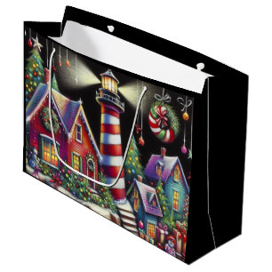 Sacola Para Presentes Grande Farol de Natal Whimsical Vermelho Rosa Púrpura