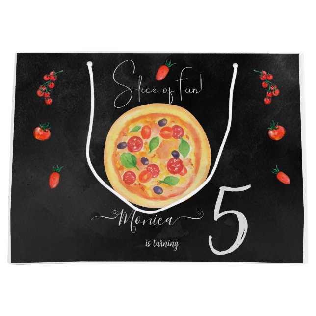 Sacola Para Presentes Grande Fatia de diversão, aniversário de pizza (Frente)