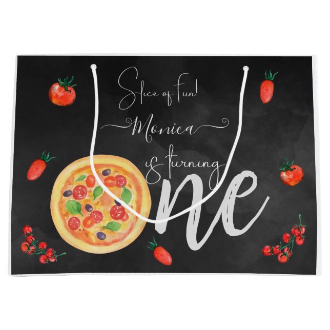 Sacola Para Presentes Grande Fatia de diversão, primeiro aniversário de pizza (Frente)