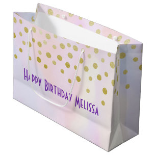 Sacola Para Presentes Grande Faux Dourada Confetti em Purple Watercolor