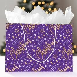 Sacola Para Presentes Grande Faux Púrpura Dourado de Script de Feliz Natal