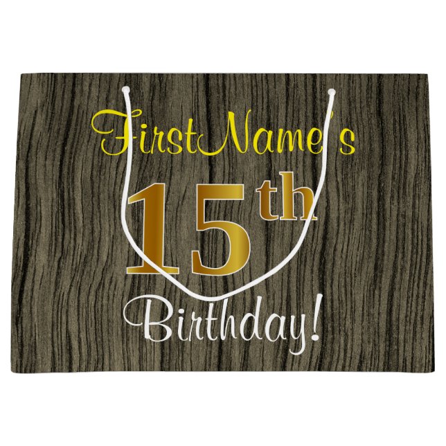 Sacola Para Presentes Grande Faux Wood Look, Faux Dourada 15 Birthday + Nome (Frente)