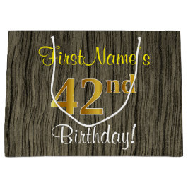 Sacola Para Presentes Grande Faux Wood Look, Faux Dourado 42º Aniversário + Nom