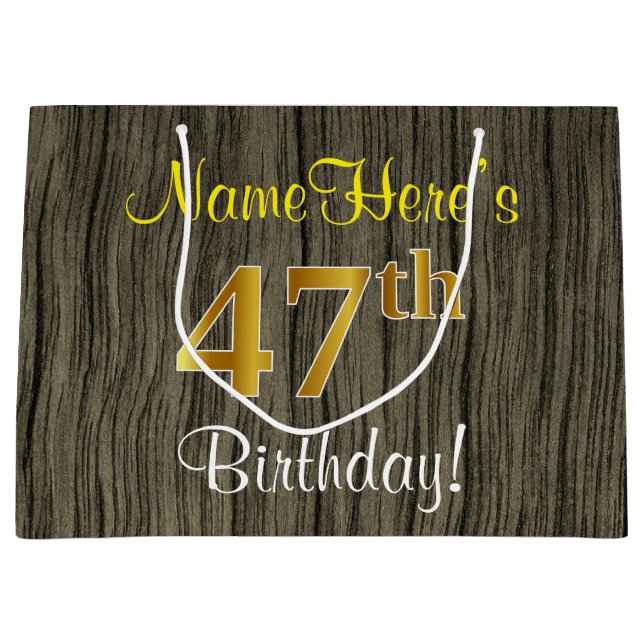 Sacola Para Presentes Grande Faux Wood Look, Faux Dourado 47º Aniversário + Nom (Frente)