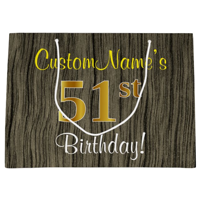 Sacola Para Presentes Grande Faux Wood Look, Faux Dourado 51rua Birthday + Name (Frente)