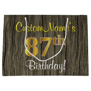 Sacola Para Presentes Grande Faux Wood Look, Faux Dourado 87º Aniversário + Nom